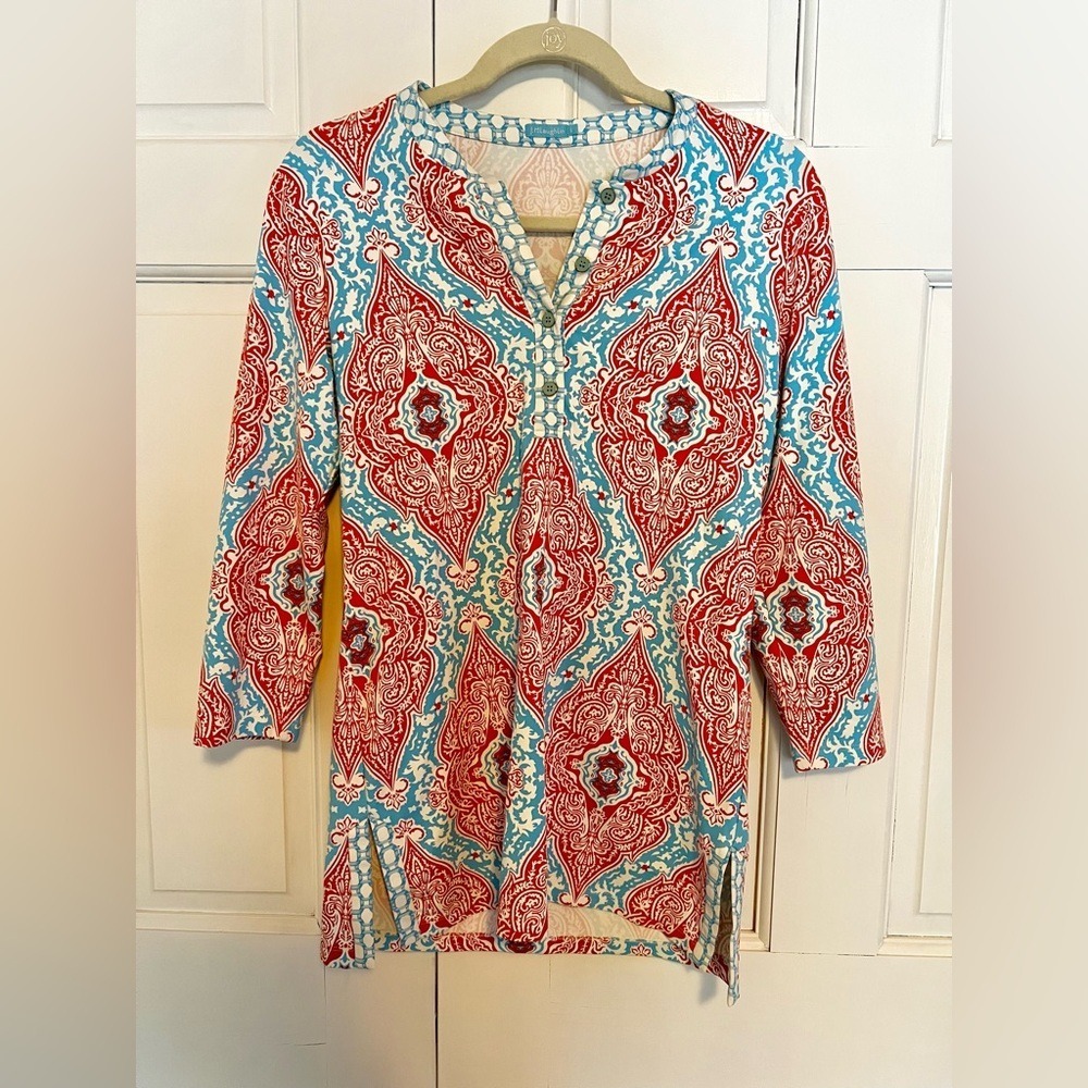 J. McLaughlin Catalina Cloth Aqua Blueā & Coral Paisley 3/4 Sleeve Top Small
